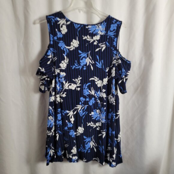 Elle XL Cold Shoulder Short Sleeve Blouse Blue White floral striped Rayon EUC - Picture 11 of 11